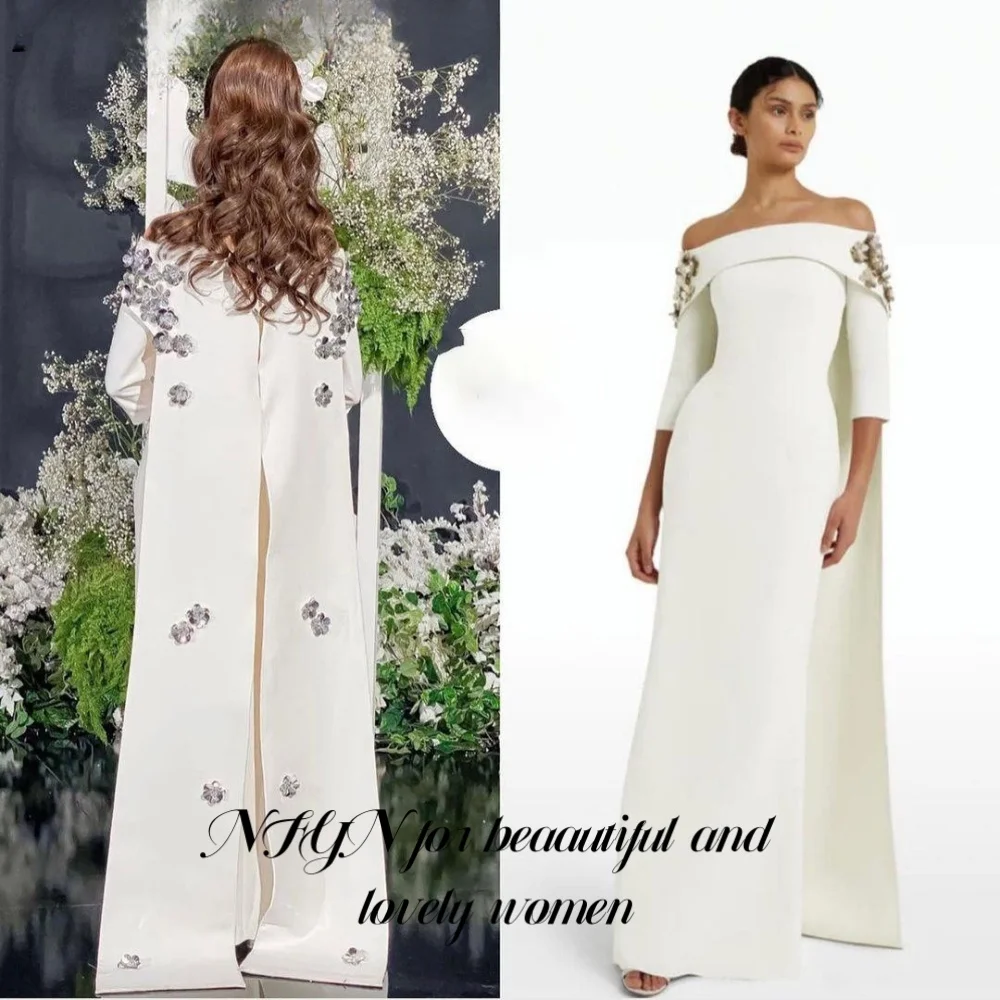 

NFYN White Elegant Evening Dresses Off the Shoulder Backless Party Dress Shiny Sequins Trailing Formal Gown Arabia Customized