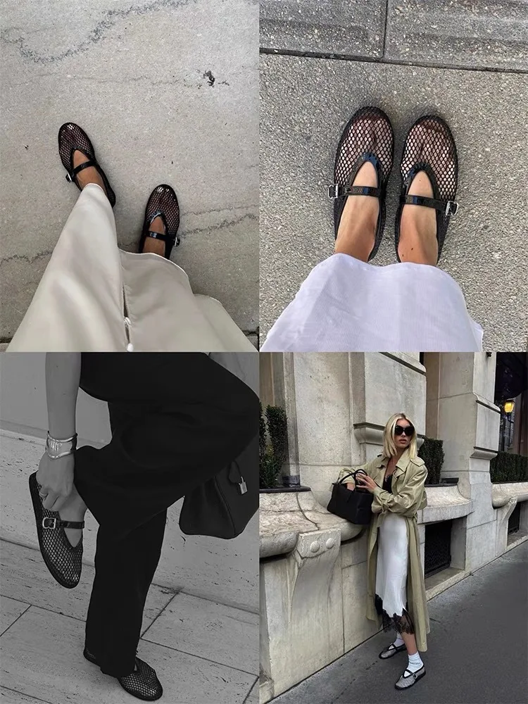 Summer Mesh Women's Ballet Mary Jane Shoes Fashionable Buckle Walking Shoes Round Toe Flats Sandals Ladies Loafers Shoes 2024