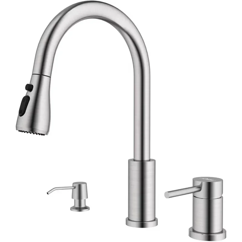 APPASO 3 Hole Kitchen Faucet, Brushed Nickel Kitchen Faucet with Soap Dispenser and Pull Down Sprayer 3 Modes