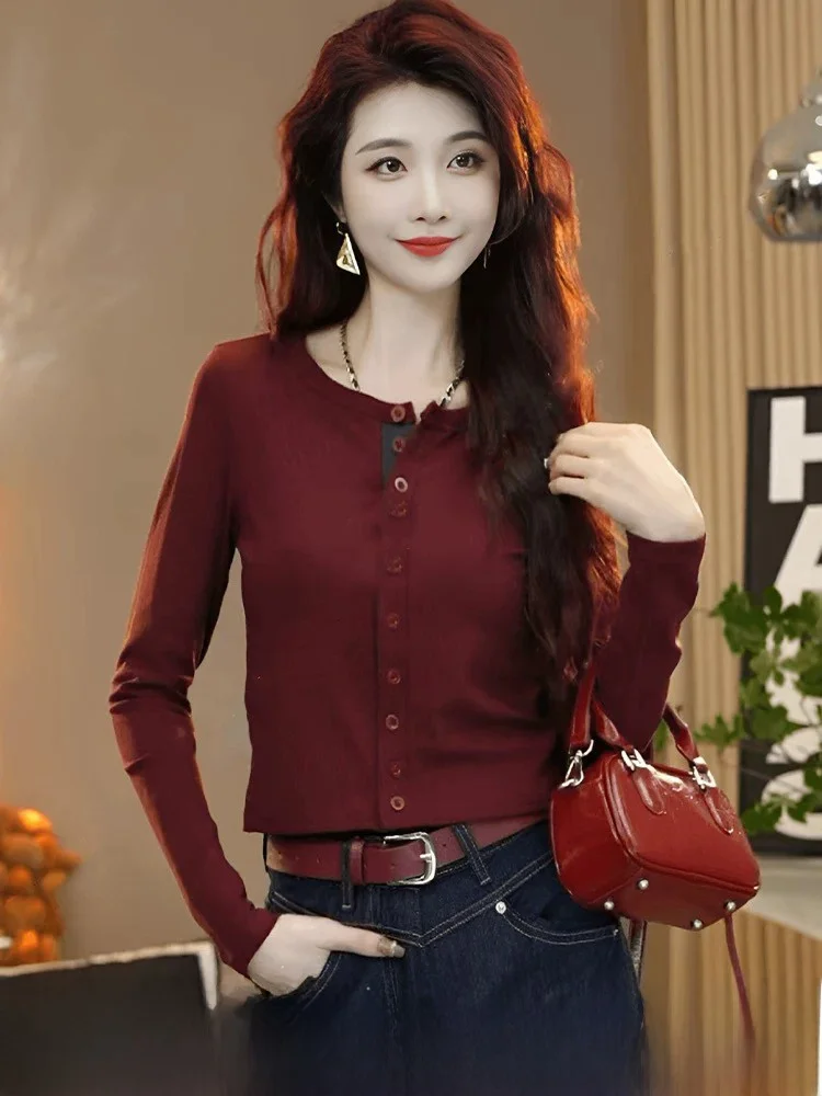 

Женская футболка с круглым вырезом и длинным рукавом, облегающая, базовый слой, корейский стиль, весна-осень, новый дизайн