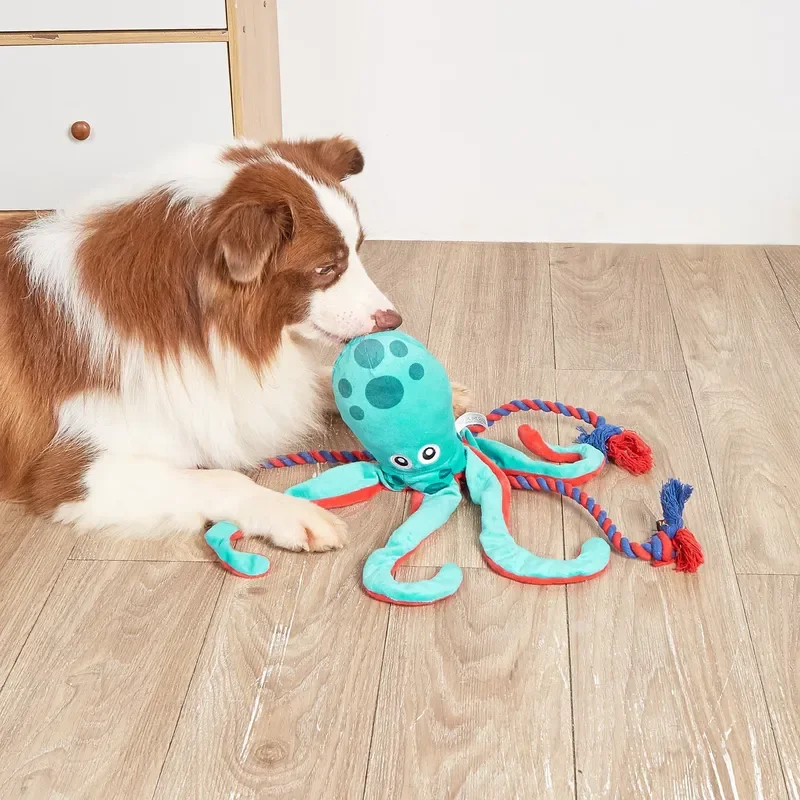 Eco-Friendly Cartoon Pet Plush Toy Octopus Cotton Rope 2-in-1 Cleaning Teeth Grinding Dog Toys