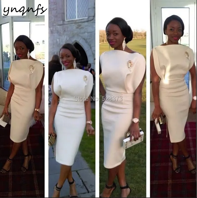 

YNQNFS Chic Satin Sheath Side Slit Vestido de Festa Robe Cocktail Party Tea Length White Mother of the Bride Dresses 2025