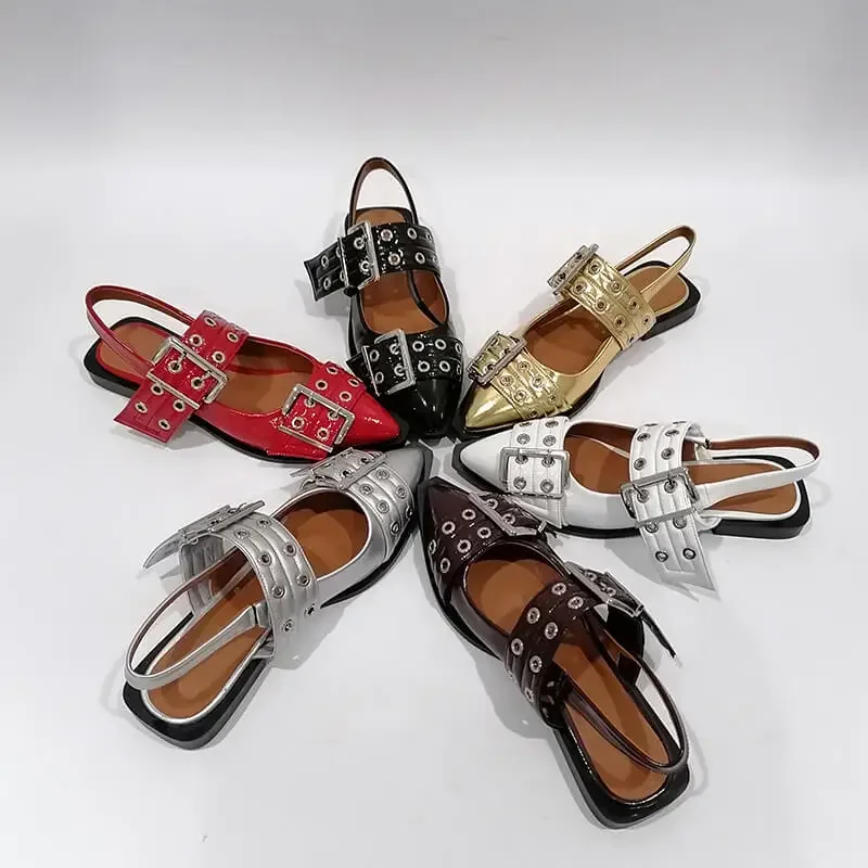 Richealnana Vrouwen Zwarte Puntige Neus Riem Gesp Slingback Flats Comfortabele Punk Retro Mary Jane Damesschoenen