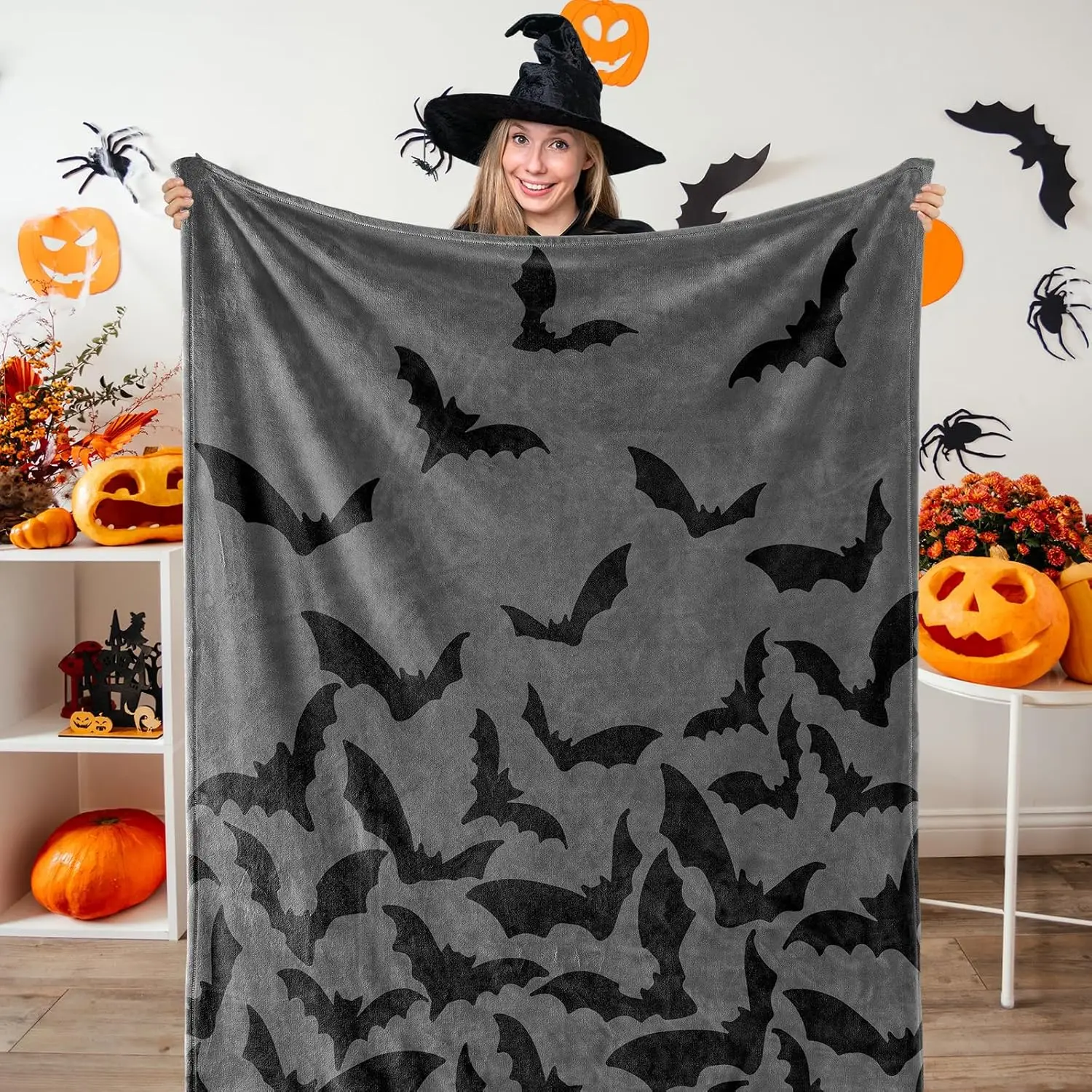 

Нечеткая одеяло на Хэллоуин, одеяло с летучей мышью, серое, черное, мягкое, уютное фланелевое одеяло для дома, кровати, дивана, кресла, 50 x 60 дюймов