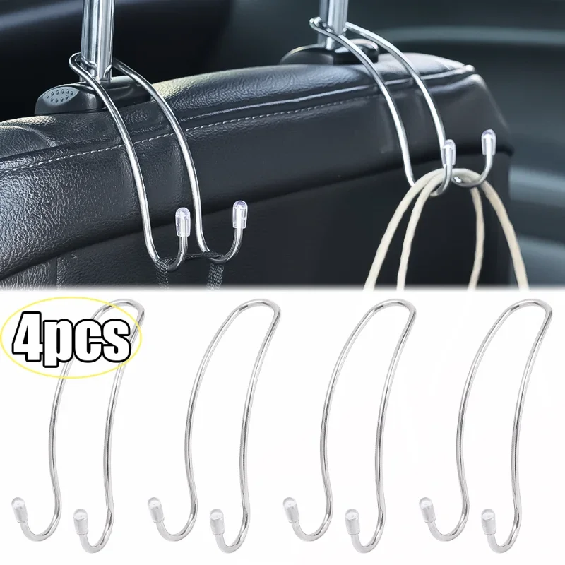 4pcs Car Stainless Steel Hooks Back Seat Headrest Mount Hanger Holder Handbag Shopping Bag Storage Hooks Interior Accessories