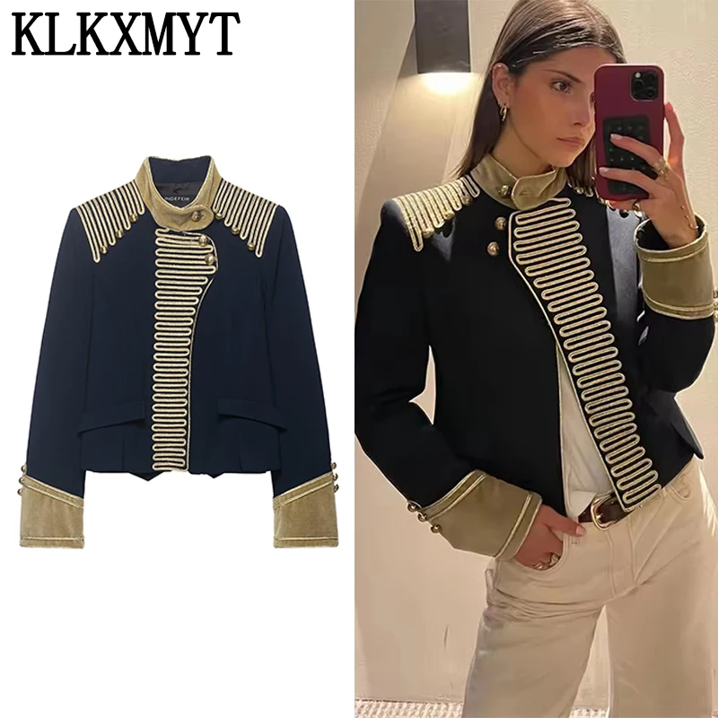 

Женская шикарная куртка KLKXMYT с воротником-стойкой, темно-синяя, с золотой пряжкой-узлом, короткое пальто, новинка 2026 года, повседневная верхняя одежда в уличном стиле ﻿