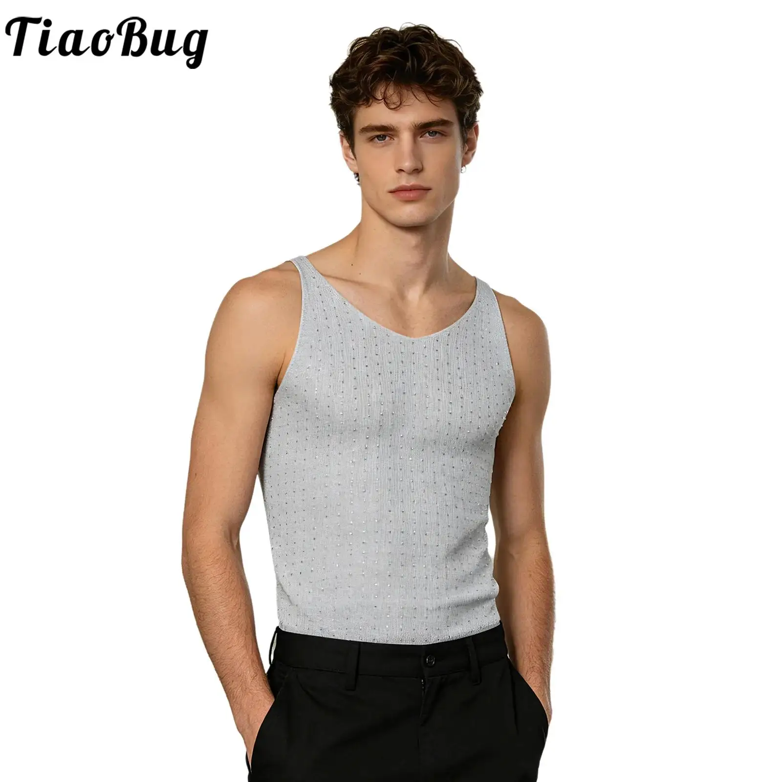 Men Sparkly Rhinestone Shimmery Knitted Vest V-neck Sleeveless Tank Top 2026 New Jazz Disco Party Rave Party Music Festival Vest