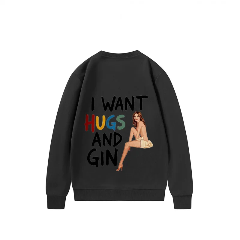 سويت شيرت رجالي باللون الأسود ونص الجن مع رسومات نسائية للارتداء الكاجوال