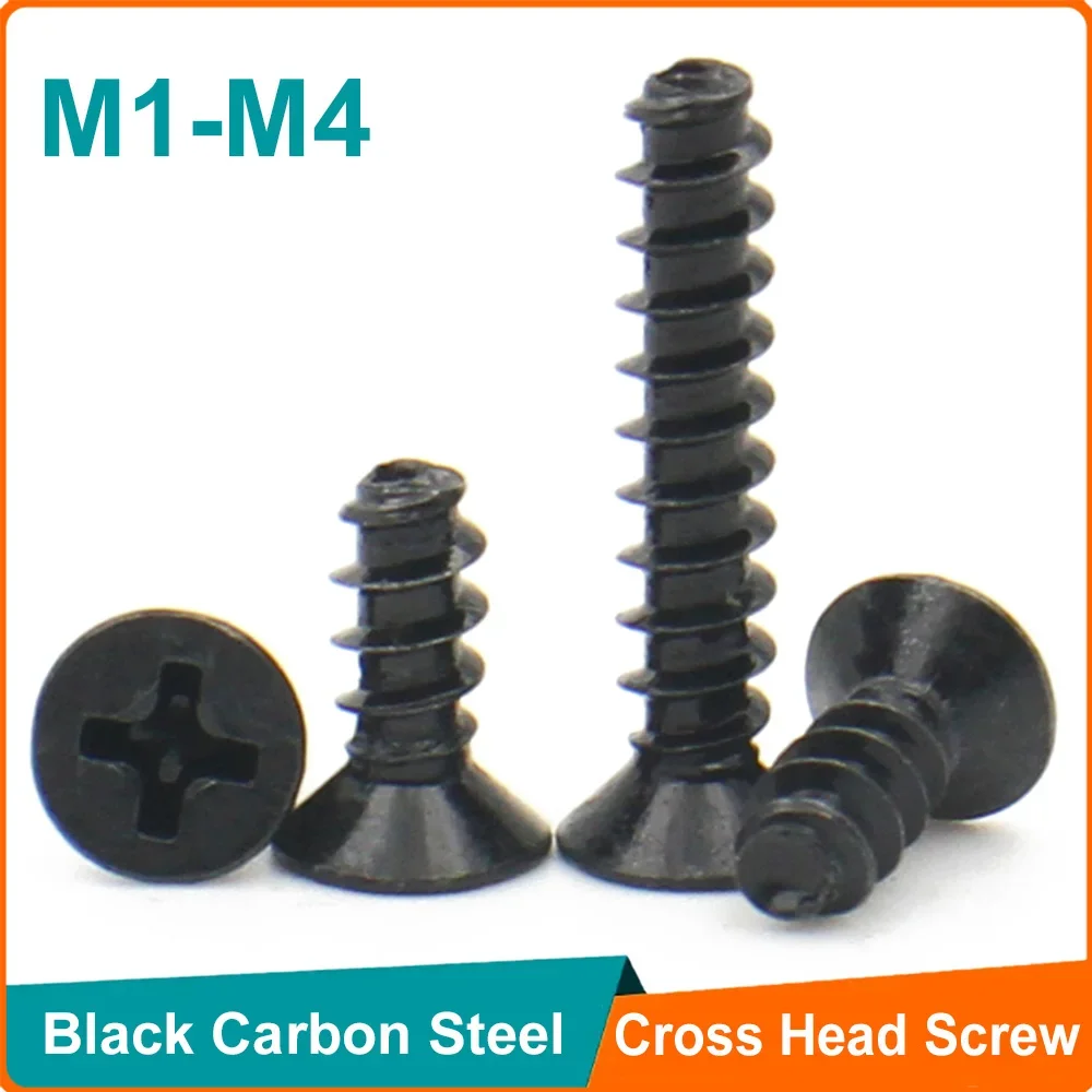 50-500pcs Black Carbon Steel M1 M1.2 M2 M2.3 M2.6 M3 M4 Mini Screw Cross Recessed Countersunk Head Self-tapping Screw