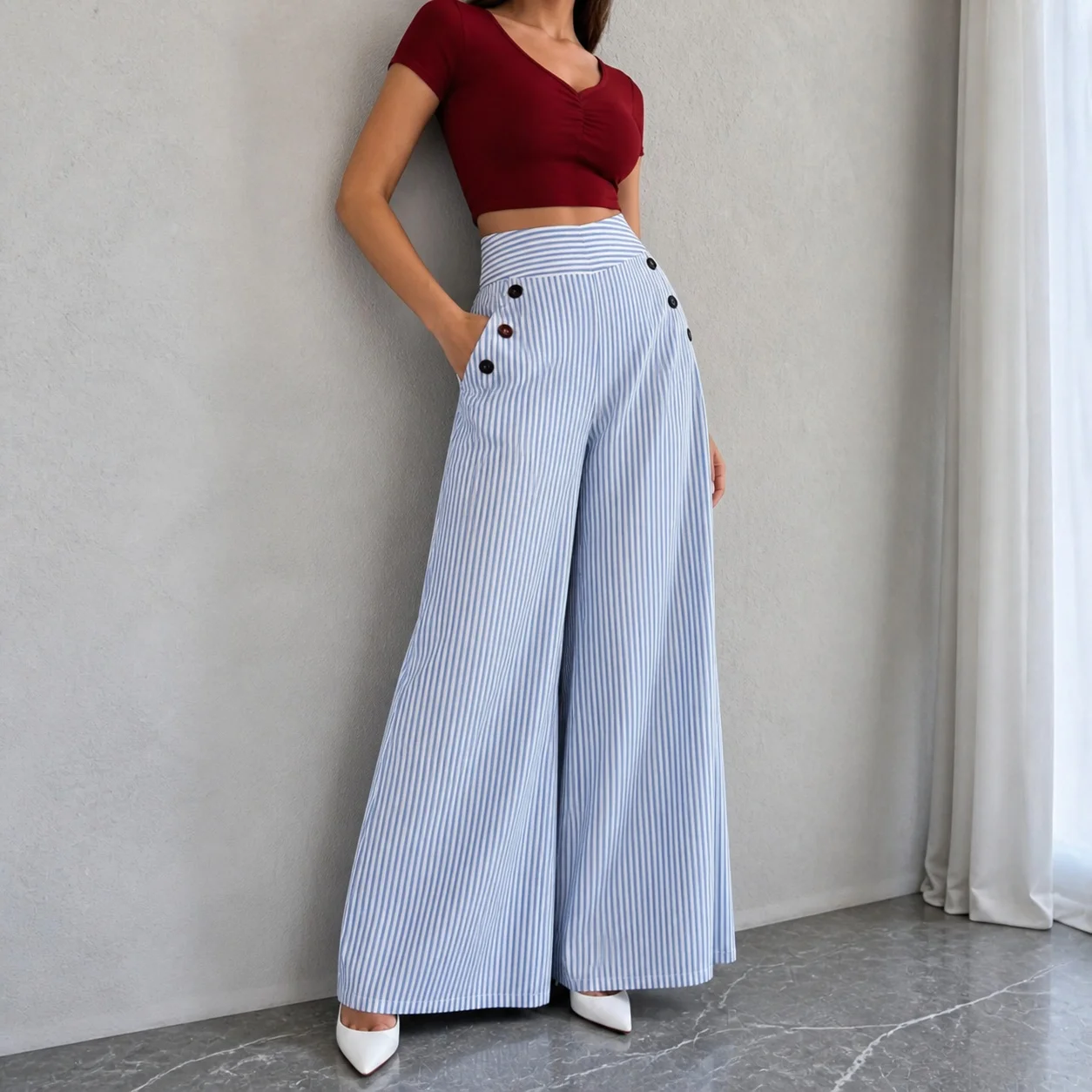 Women's Striped Mid Waist Straight Drapey Color Block Pocket Patchwork Pants Women's And Female Clothing Woman Clothes Women's
