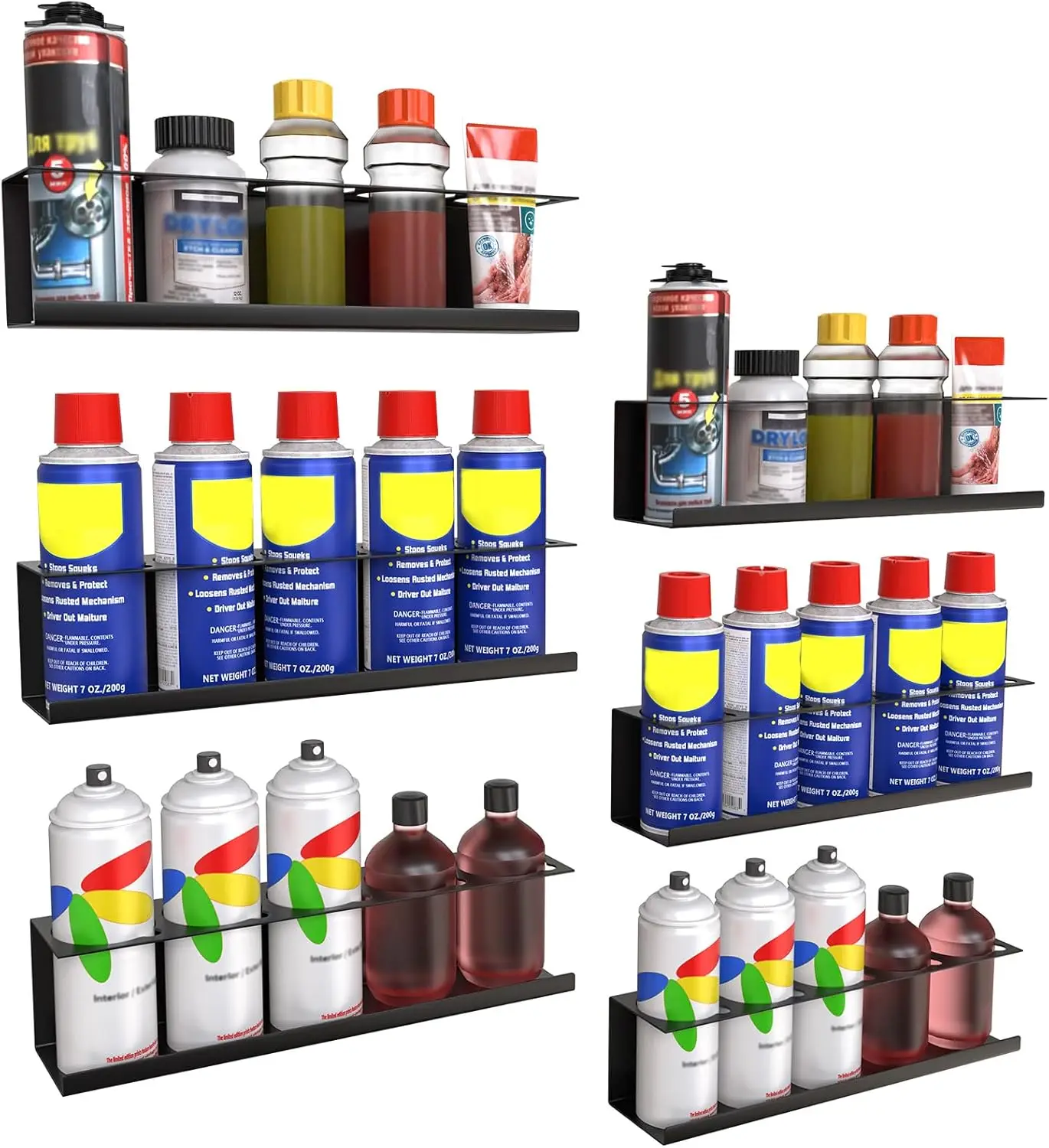 

6 Pack Wall-Mounted Spray Bottle Holder, 30-Hole Steel Storage Rack for Garage, Shop, Home or Tool Trailer