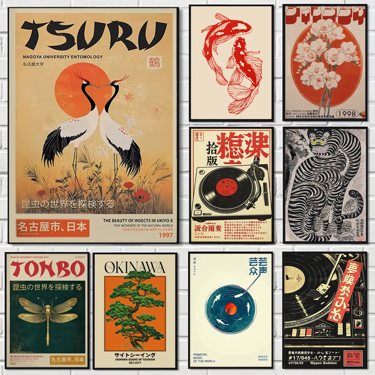 اليابانية خمر النمر القط الموسيقى قماش يطبع المشارك Japandi الرجعية لاعب مسجل الفن يطبع غرفة نوم جدار ديكور فني ملصق