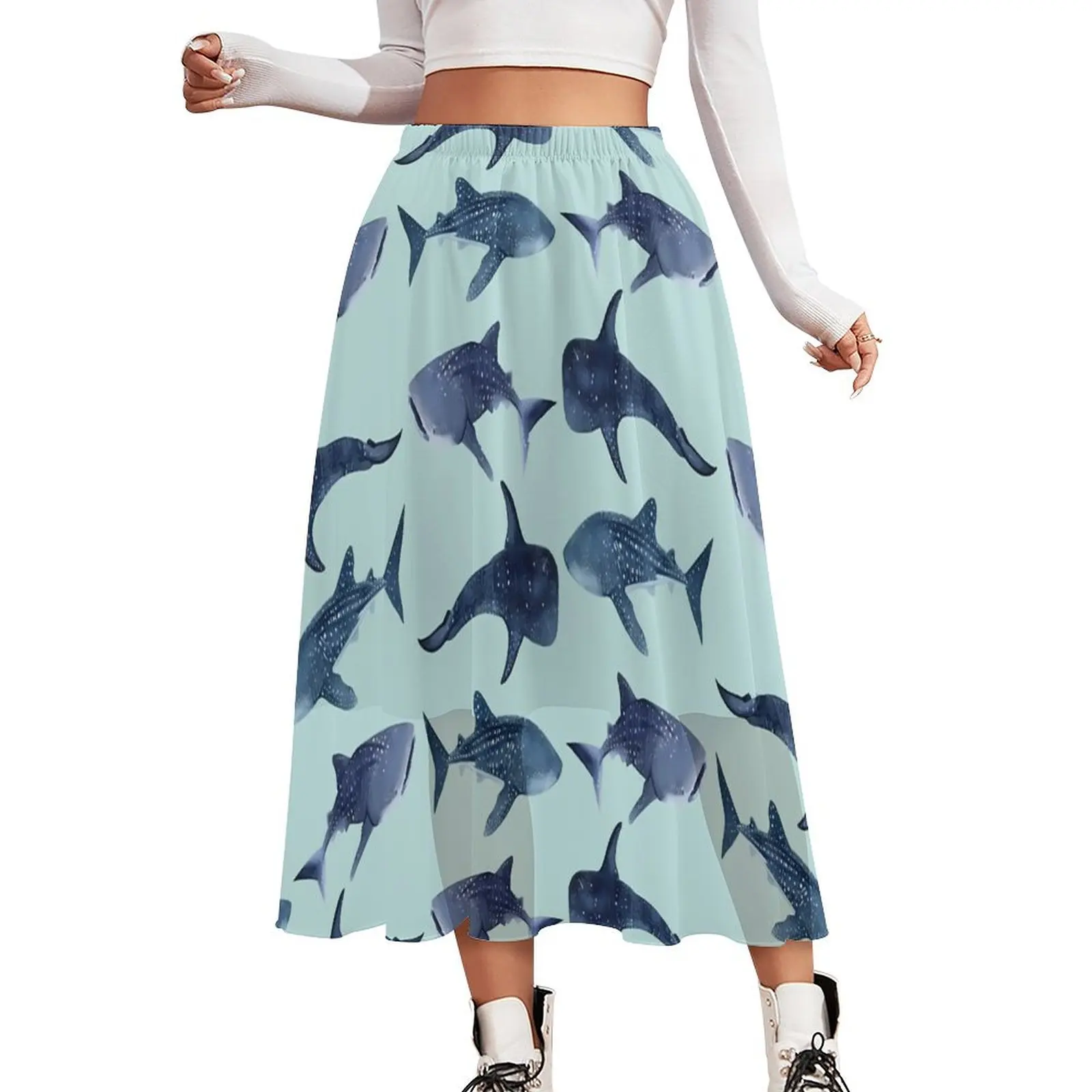 Whale Sharks Skirt Light Blue Animal Elegant Boho Skirts Summer Y2K Elastic Waist Chiffon Design Oversized Casual Skirt