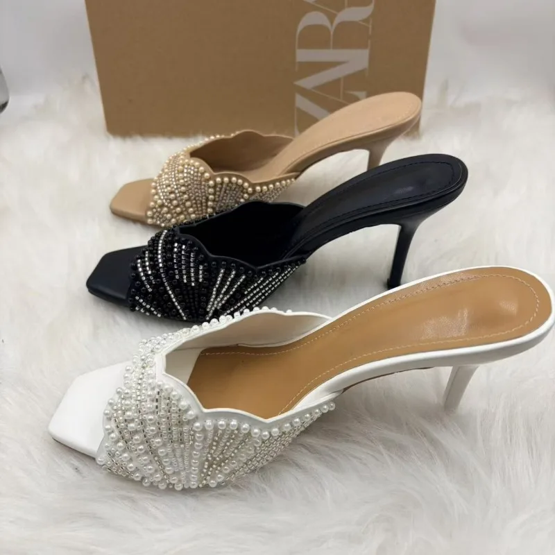 Women High-heeled Sandals Fashion Square Head Designer Stiletto Heel Sandals Luxury Pearl Rhinestone Decoration Open-toed Sandal