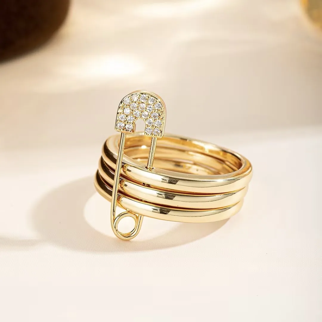 Gold Plated Stackable Ring With Safety Pin Charm Shiny Zircon Unique Design Fashion Jewelry For Women Gift