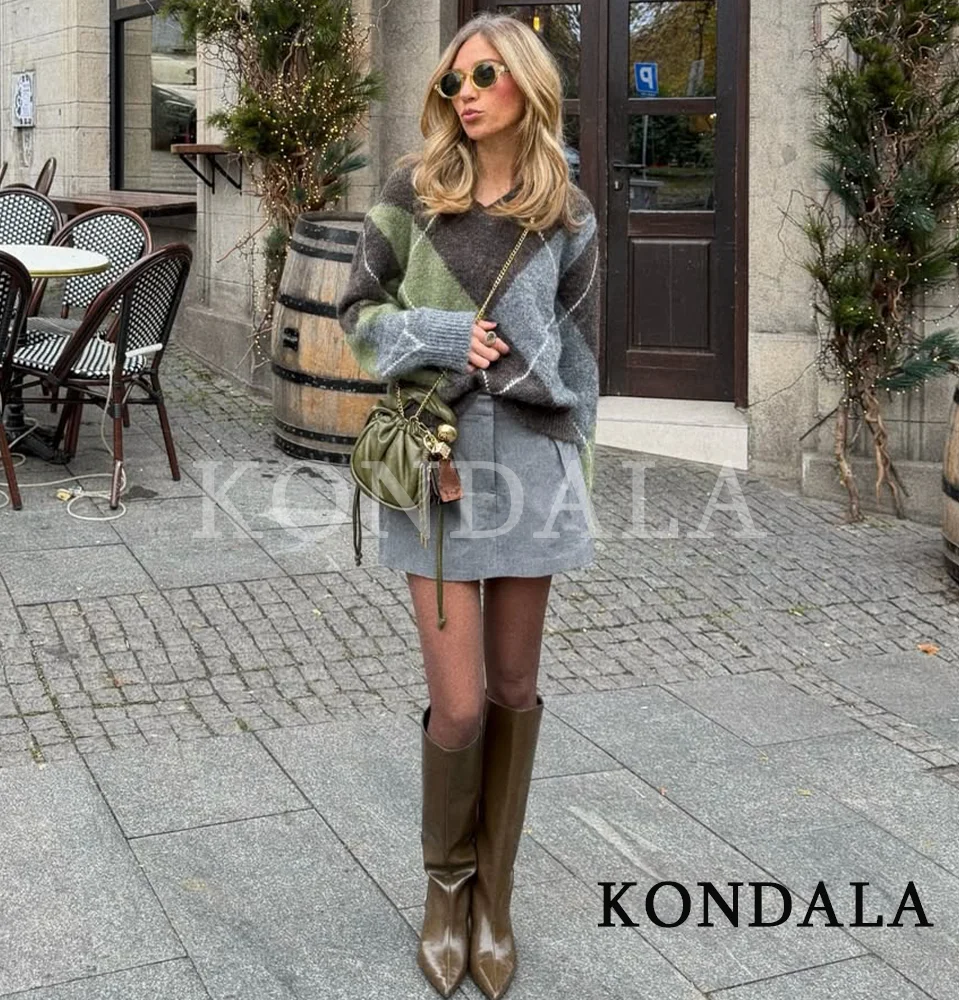 KONDALA Lässiger Rautenpullover mit V-Ausschnitt für Damen, elegant, schlicht, vielseitig, Strickpullover, 2026, Frühling und Herbst, modischer Kontrastpullover – Detail 4