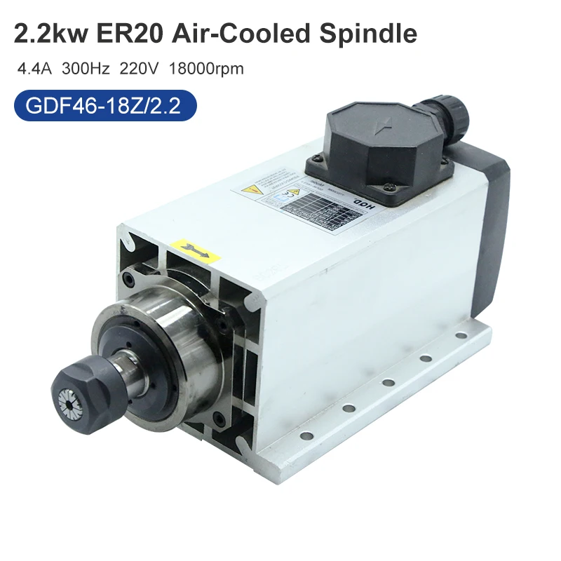 2.2kw ER20 Air Cooled Square Spindle Motor 220V 380V 4 PCS Bearing Square Spindle with Mounting Flange for CNC Router Engraving