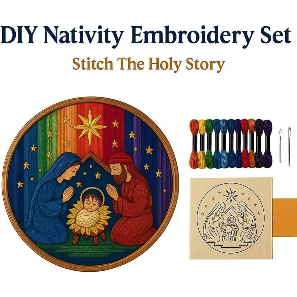 DIY Material Nativity Embroidery Set Pre-printed Pattern on Cloth with EN Instructions, Thread Christmas Embroidery Kit