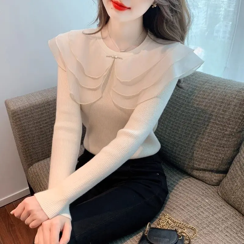 Autumn Winter New Ruffles Peter Pan Collar Knitting Sweater Long Sleeve Fashion Slim Bottoming Shirt Women Clothing Elegant Tops