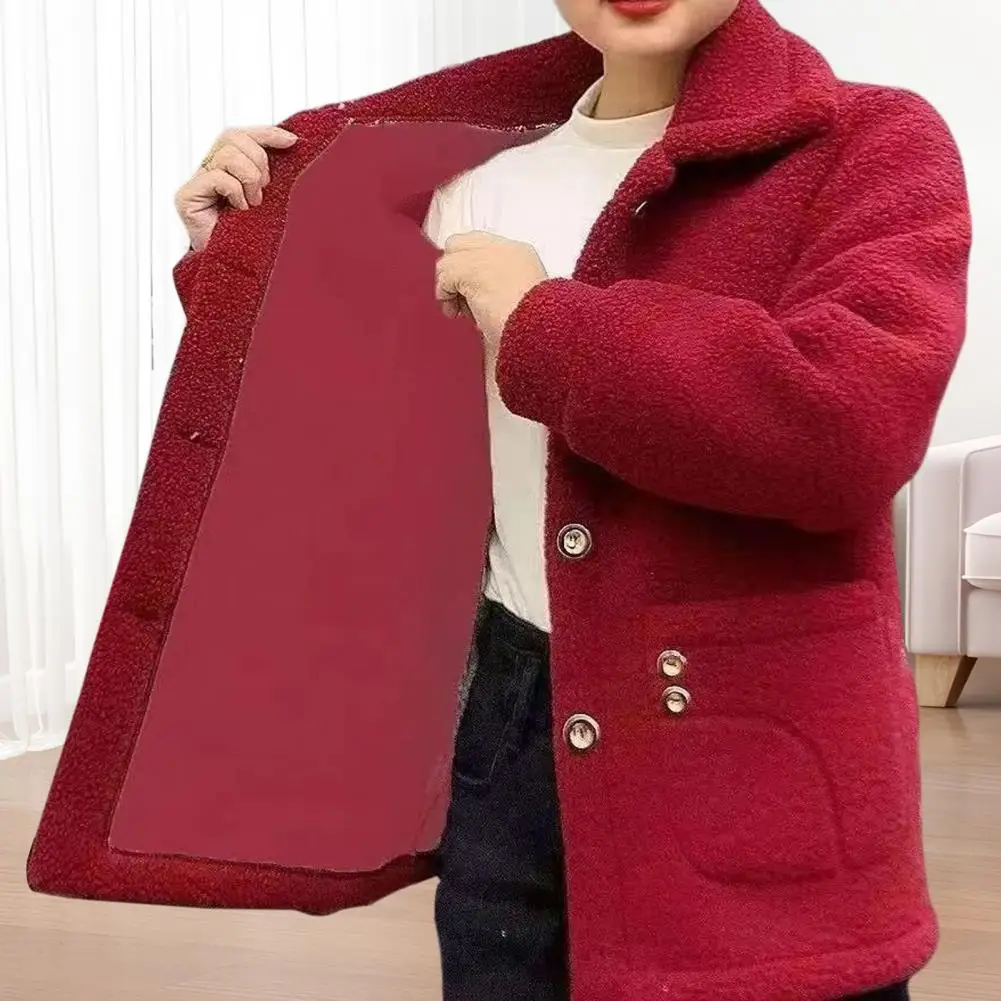 Winter Jacket Cozy Winter Fleece Coat with Side Pockets Turn-down Collar Coldproof Outwear Jacket for Women Stylish Long Sleeves