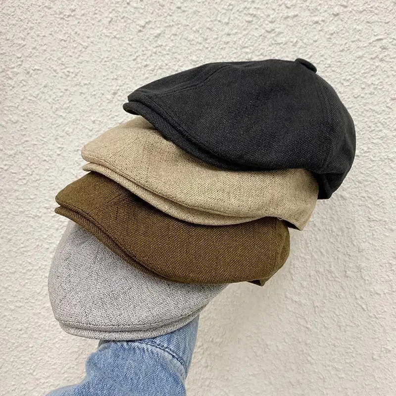 NEWSBOY Cap Linen Hats For Men Women Beret Hat Spring Summer Dark Gray Eight Panel Hat British Style Retro Octagonal Cap