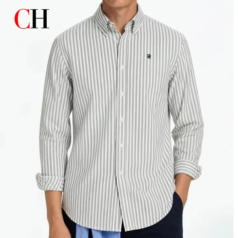 CH Stripe Embroidered Long Sleeve Shirt Men Straight Fit Button Down Collar Classic Timeless Casual Daily Wear Tops