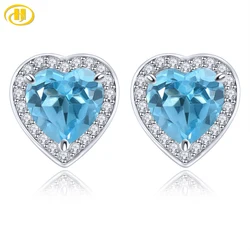 Natural Blue Topaz Solid Sterling Silver Stud Earring 3.2 Carats Genuine Gemstone Heart Shape Romantic Lovely Fine Jewelrys