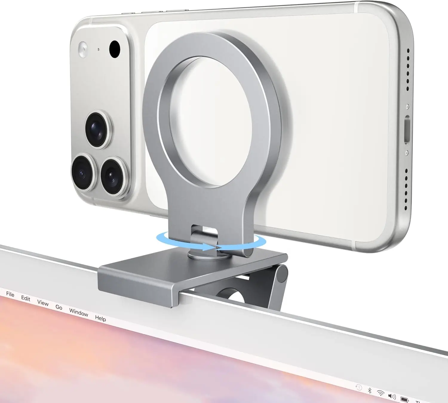 

360° Adjustable iPhone Webcam Stand for iMac & Desktop Monitor, MagSafe Compatible, Foldable Aluminum