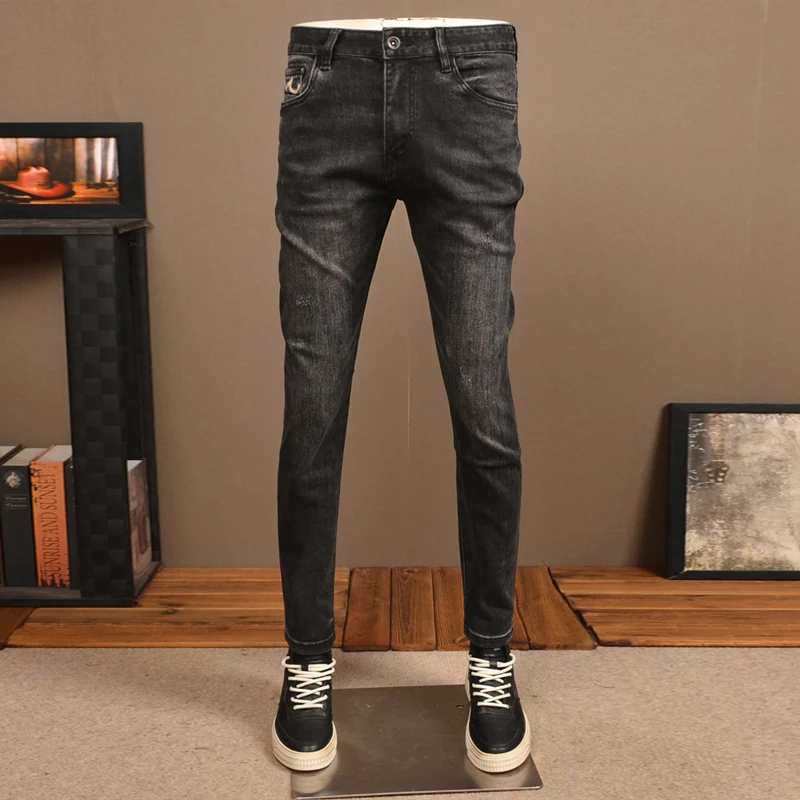 Streetwear Fashion Men Jeans Retro Black Gray Stretch Slim Fit Vintage Jeans Men Trousers Embroidery Designer Denim Pants Hombre