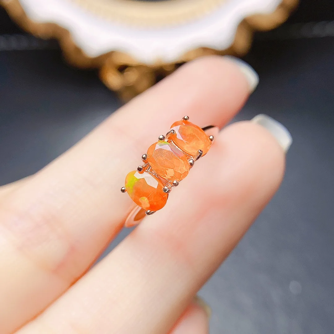October Birthstone Opal Ring Three Stones Orange Fire Opal Ring 925 Sterling Silver Natural Opal Engagment Rings For Gift - view 3