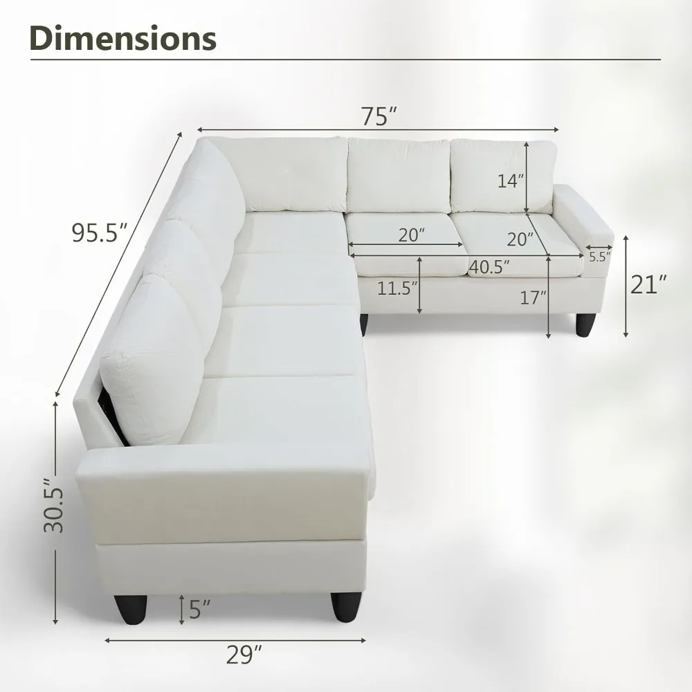 U Sectional Sofa Couches Corner L Shaped 6-Seater for Living Room Furniture Sets, White