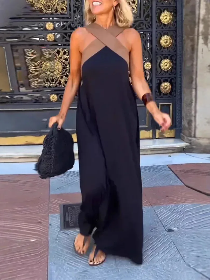 Lightweight Dress Colorblock Contrast Crossover Dress Ultrabreathable Summer Midi Dresses Elegant Evening Beachwear Dress