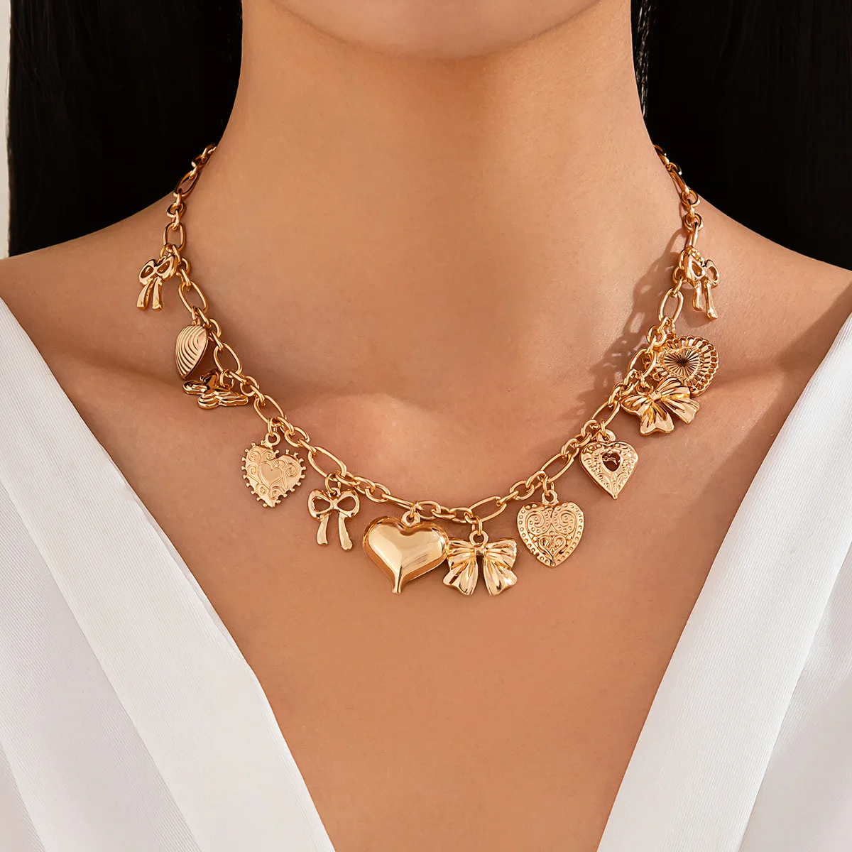 

Punk Style Love Alloy Pendant Collarbone Chain, Bow Tassel Necklace Personality