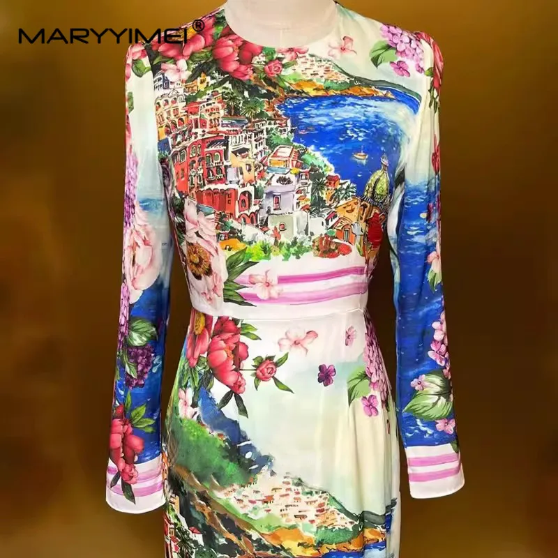 MARYYIMEI Women\'s High Street Dress Autumn Winter Long-Sleeved Slim-Fit Hip Wrap Oil Painting Landscape Printed Silk Dresses