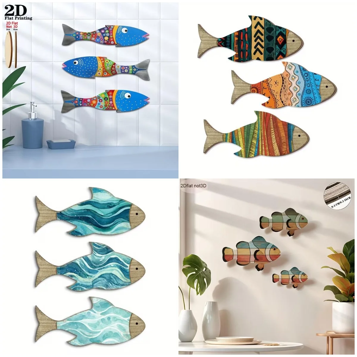 Wooden small fish wall decoration three piece set, equipped with double-sided nano tape for non perforated installation