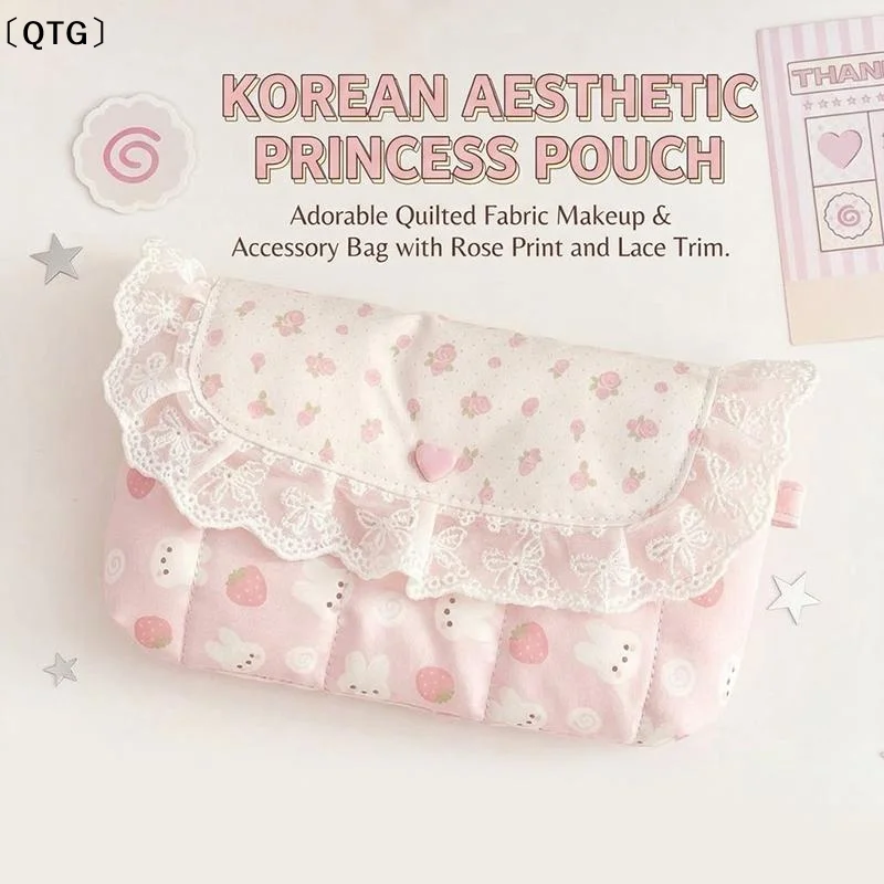 〔QTG〕Pink Plaid Lace Storage Bag with Polka Dot Bow, Cute and Stylish Flip-Top Makeup Bag for Girls, Middle School Students'