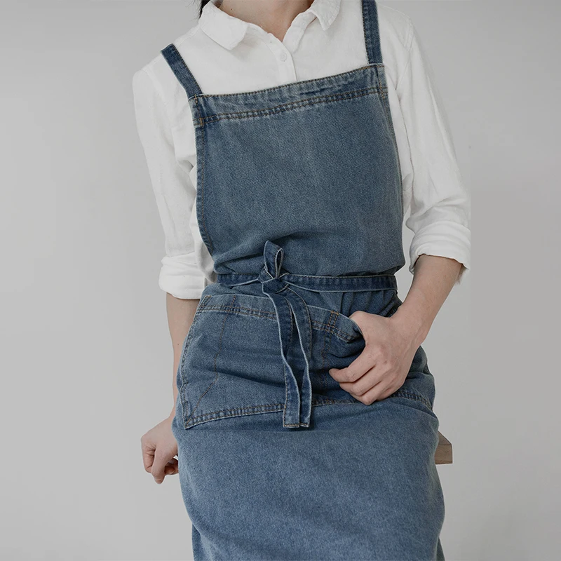 Korean Version Denim Apron Thickened Canvas Antifouling Home Cleaning Kitchen Cooking Art Barber Work Clothes Gardening  Aprons