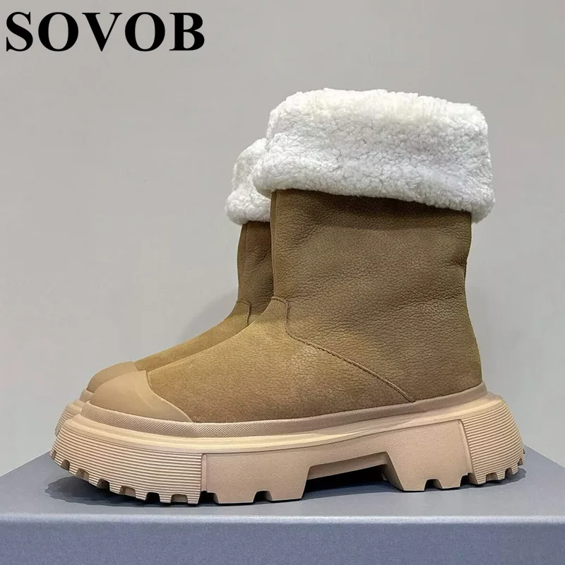 Winter Genuine Leather Snow Boots Women's Thick Soled Lace Up Ankle Botas Platform Anti Slip Warm Real Fur Short Boots 2025