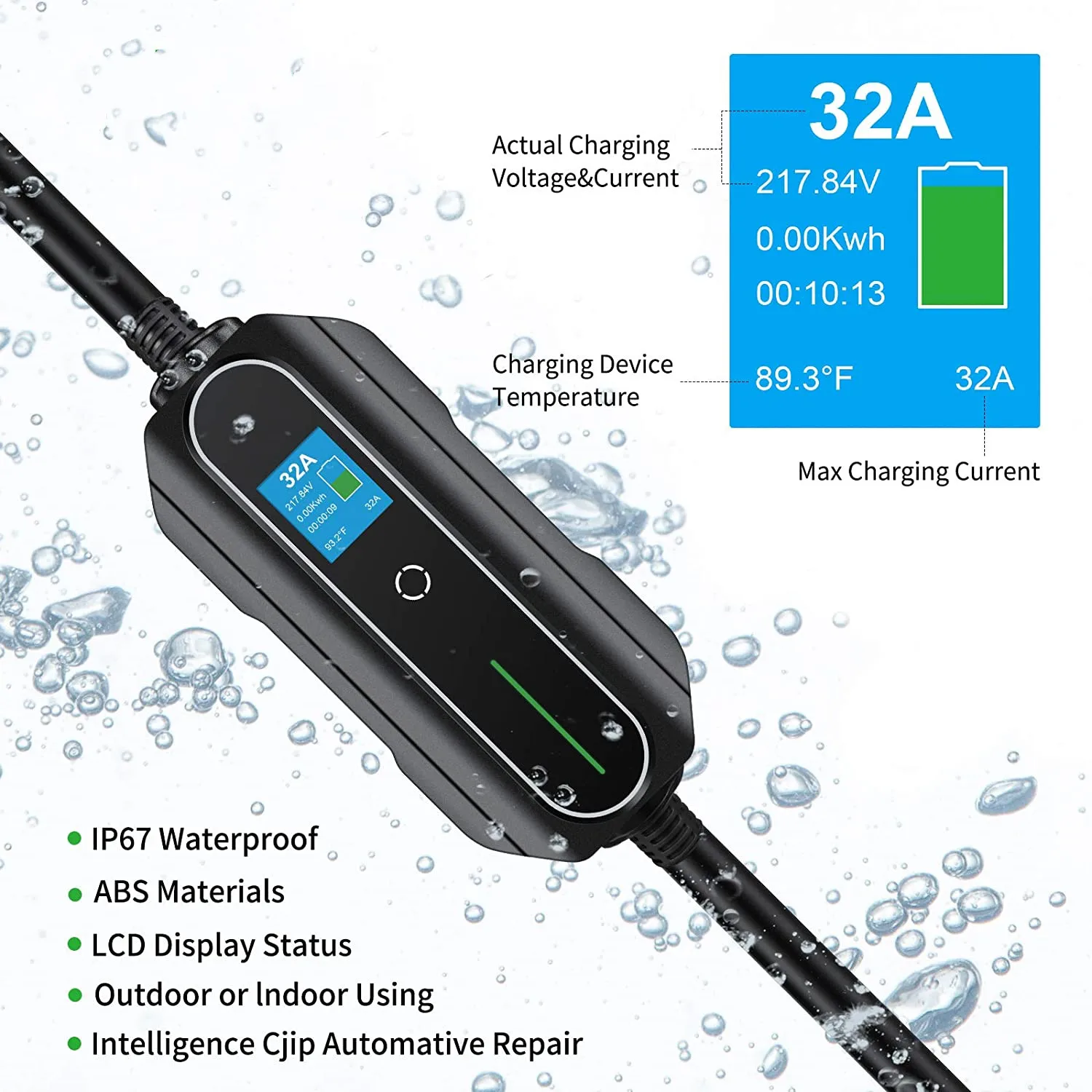 Chargeur de voiture électrique portable, type 2, 1 phase, 7KW, 32A, 16A, courant réglable, mode 2, charge rapide, chargeur EV pour véhicule