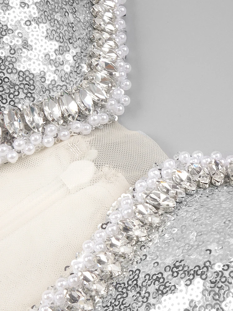 Silver Sequins  Strapless Mermaid Long Dress Backless SparklyRhinestones Cut Out Prom Celebrity Cocktail Party Evening Gown