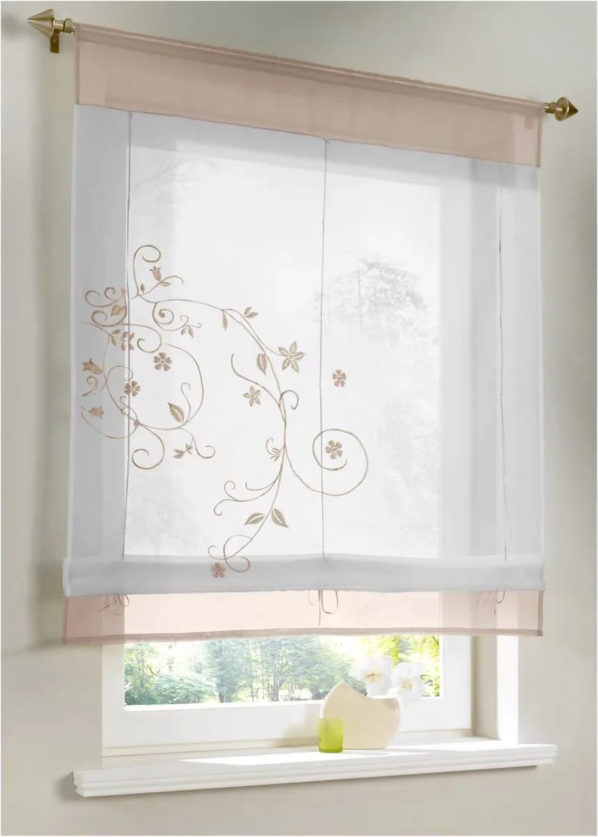 Half Short Curtain Embroidered Adjustable Ribbon Pole Sheer Window Tulle Curtain Kitchen Living Room Voile Screening Drape Panel