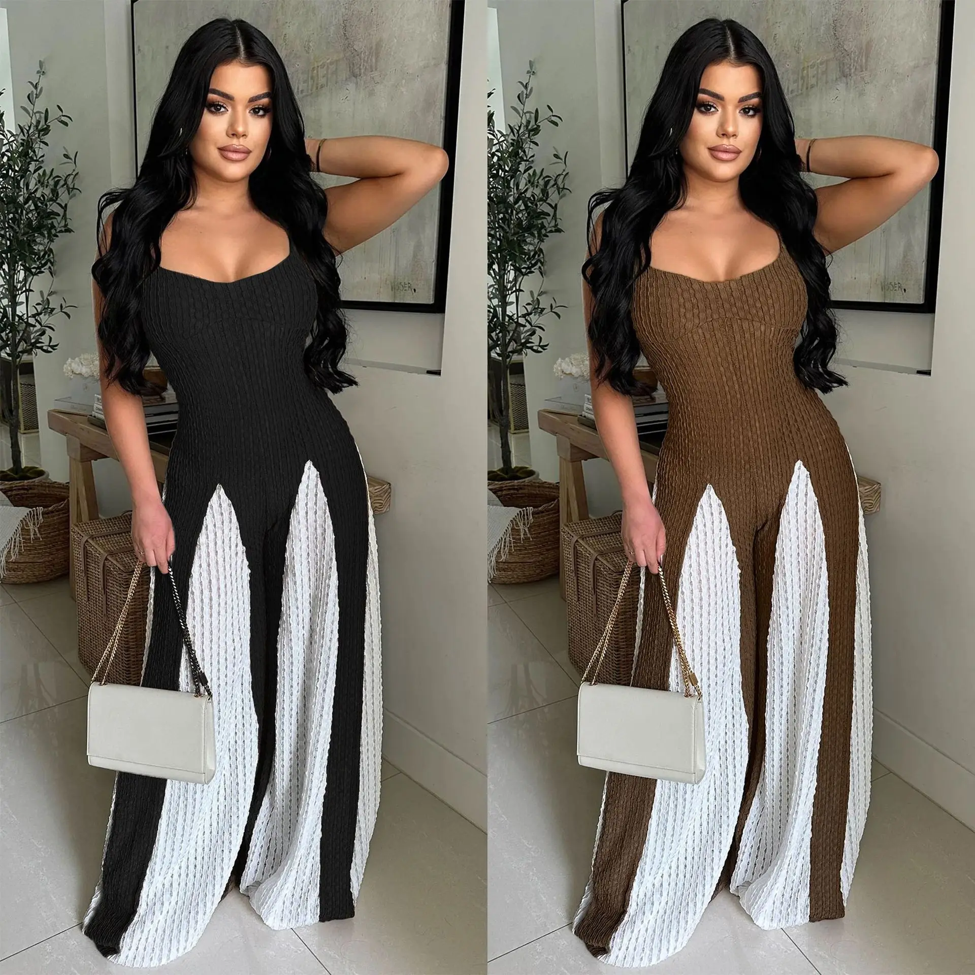 

EINY Traf Women Sleeveless Knitted Straps Hollow Out Patchwork Pleated Long Wide Leg Jumpsuits Sexy Party One Piece Suit Rompers