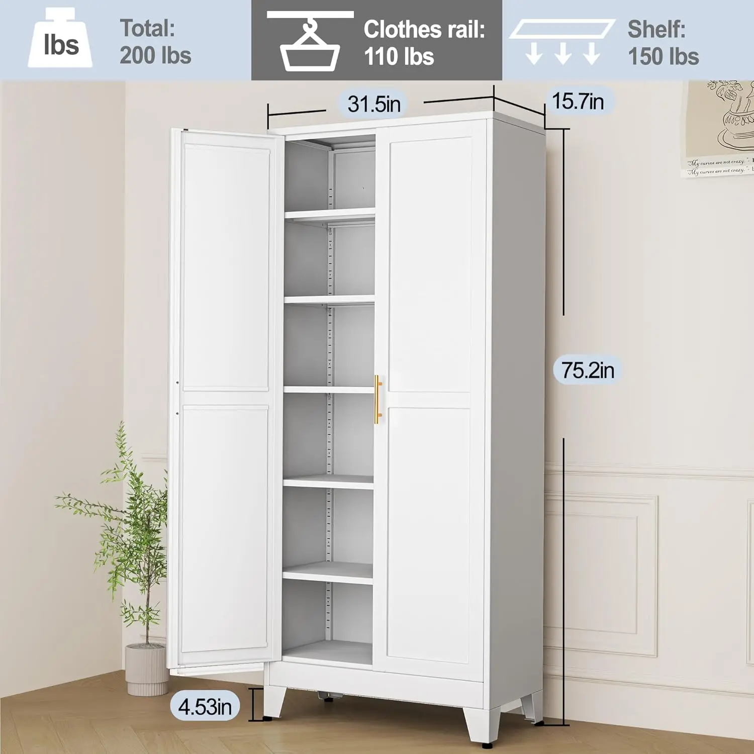 Archivador de acero de 75" de almacenamiento de metal blanco para el hogar, oficina, cocina, despensa, gabinete de almacenamiento con puertas y 5 estantes ajustables