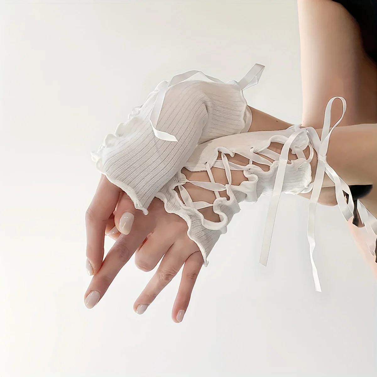 1Pair Summer Decorative Cuffles Y2K Spicy Girl Lace Gloves Black/White Lolita Long Gloves