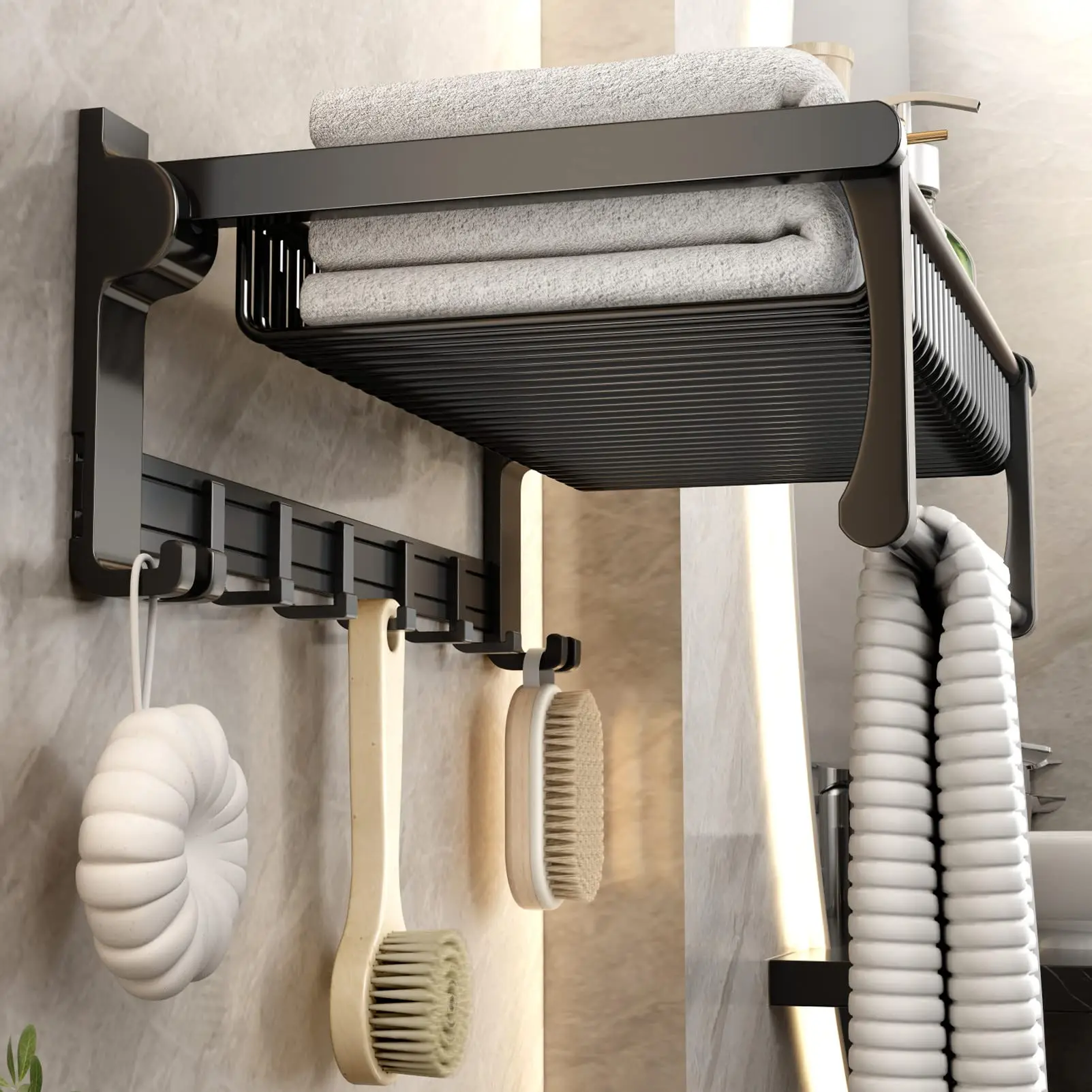 Towel Rack for Bathroom Towel Storage Wall Mounted Foldable Towel Shelf with Towel Bar Hooks No Assembly Required 24-Inch Black