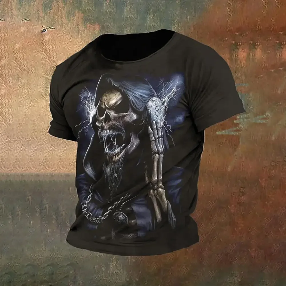 2025 Men's Skull Print 3d T-shirt Street Casual Casual Creative Loose Horror Oversized Sleeved Short Sleeved High-waisted T-shir