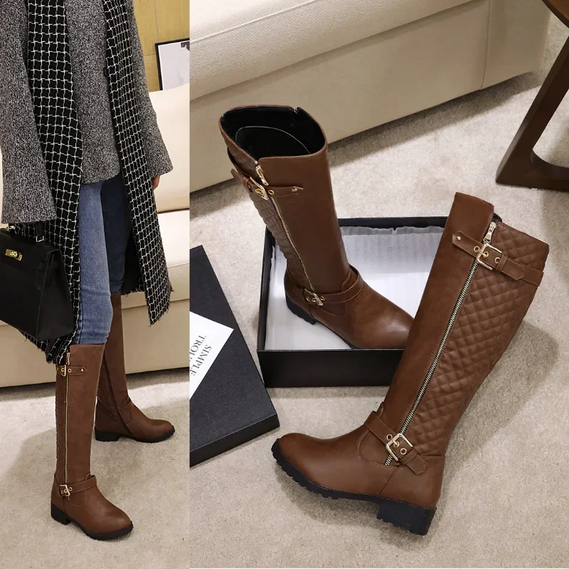 2024 New Antumn Winter Women Long Boots Plus Size 22-27 Cm Grid Splicing Side Zip Fashion Knee High Boots Women Modern Boots