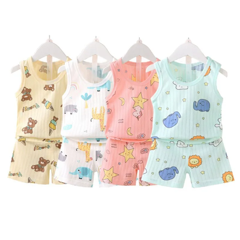 Vest+Shorts 2-Piece Summer Pajamas Clothing Set Kid Baby Boys Girls Cartoon Giraffe Bear New Cotton Casual Clothes Suit 0-4 Year