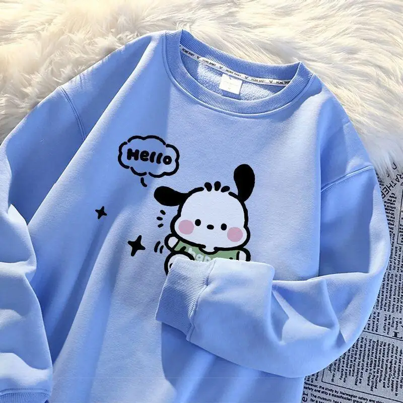 

Женская толстовка Sanrio Pochacco с круглым вырезом, на флисовой подкладке, утолщенная, для женщин, осень-зима, милый японский стиль, свободный крой, новинка