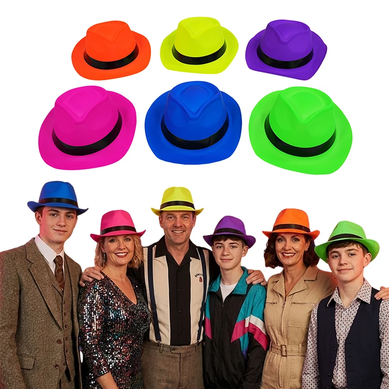 12pcs Mixed Colors Neon Style Party Hats PVC Bright Dress Hats for Music Festival Disco Birthday Party Carnival Performance Prop